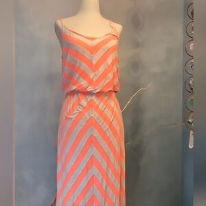 Chevron Maxi Spaghetti Strap Dress in Coral and Cream Tan Made USA S